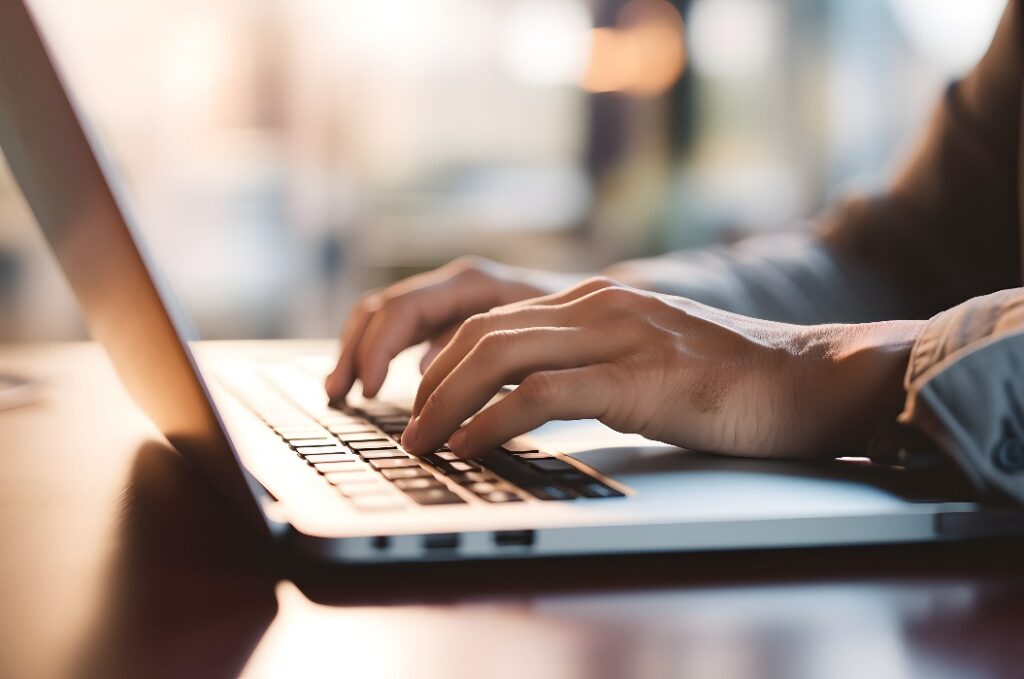 Nahaufnahme eines Geschäftsmannes, der an einem Laptop arbeitet und mit den Händen tippt – bei der Arbeit im Büro oder im Homeoffice